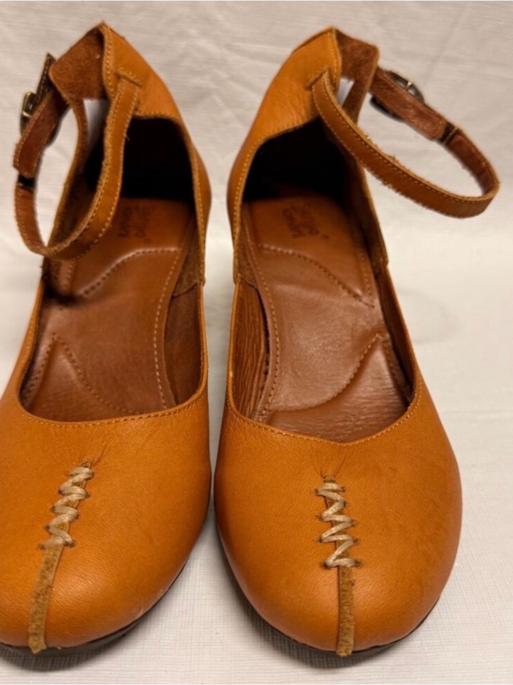 Women's Tan Leather Ankle-Strap Flats with Front Stitch Detail